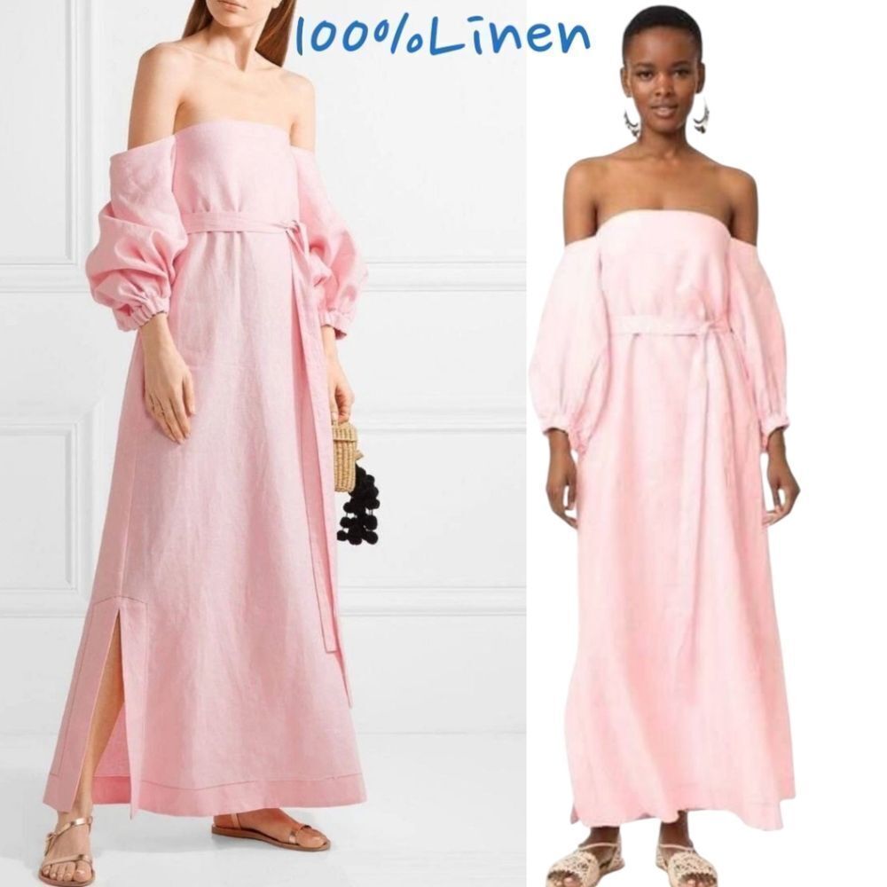 LisaMarieFernandez 💯LINEN Pink Off-Shoulder Maxi Sundress Small